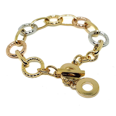 (1-0976-h5) Gold Overlay Three Tone Circles Bracelet, 7"-8".