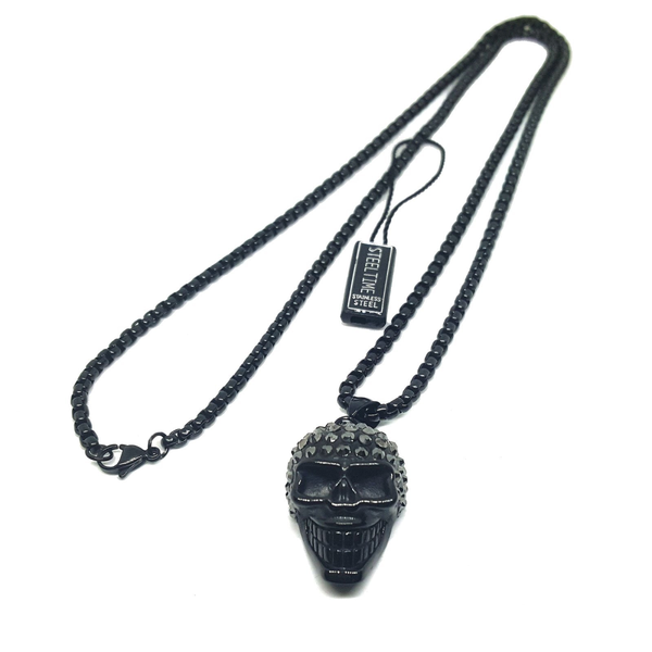 (4-3233-h6) Black Coated Stainless Steel Skull Necklace for Men, 30".