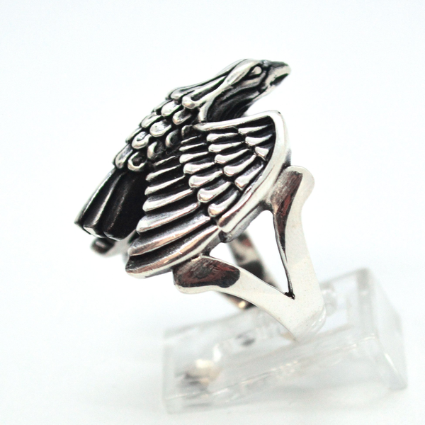 (2-5279-h9-3) Sterling Silver Men's Eagle Ring with Black Accent.