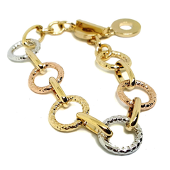 (1-0976-h5) Gold Overlay Three Tone Circles Bracelet, 7"-8".