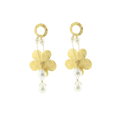 Sterling Silver Gold Plated Hammered Flower & White Pearls Earrings