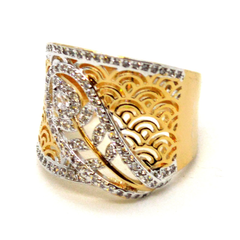 (1-3133-h9) Gold Overlay Two Tone Micro Pave Floral Design Ring.