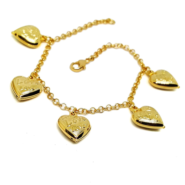 (1-0769-h5) Gold Plated Heart Charms Bracelet, 7-1/2".