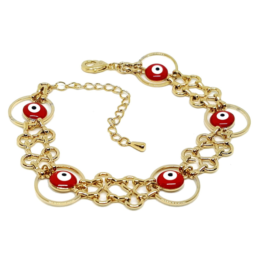 (1-0446-h5) Gold Plated Red Evil Eye Bracelet, 7"-9".