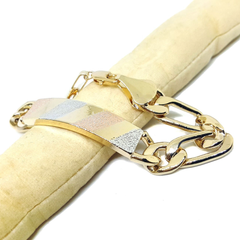 (1-0917-h5) Gold Plated Figaro Bracelet with Three Tone ID Plate, 7-1/2".