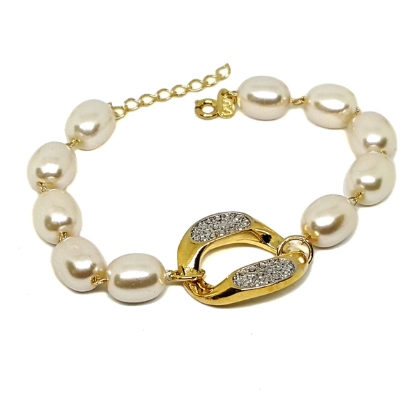 (1-0639-1-h5) Gold Overlay Link Pearl Bracelet 7.5"-8" adjustable length. 10mm Pearls.