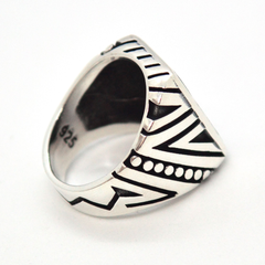 (2-5279-h9-1) Sterling Silver Men's Squared Artistic Design Ring with Black Accent.