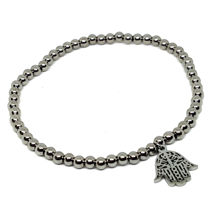 (mbra-604-h6-4) Stainless Steel Bead Bracelet with Hamsa Hand.