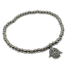 (mbra-604-h6-4) Stainless Steel Bead Bracelet with Hamsa Hand.