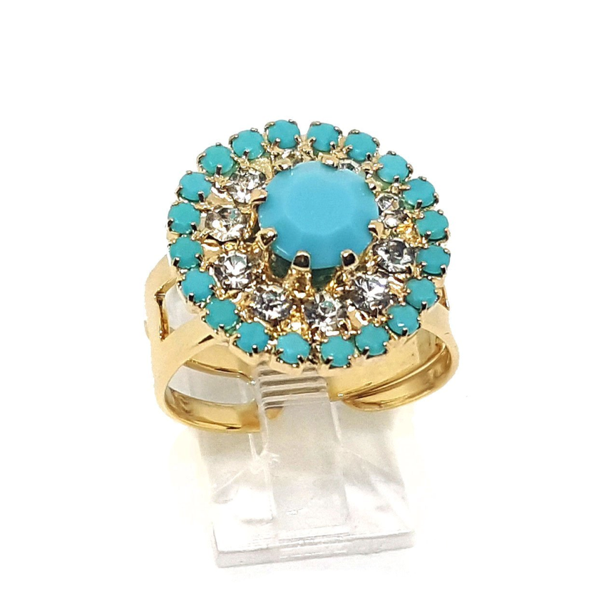(1-3099-h5) Gold Overlay Turquoise Blue Ring, adjustable.