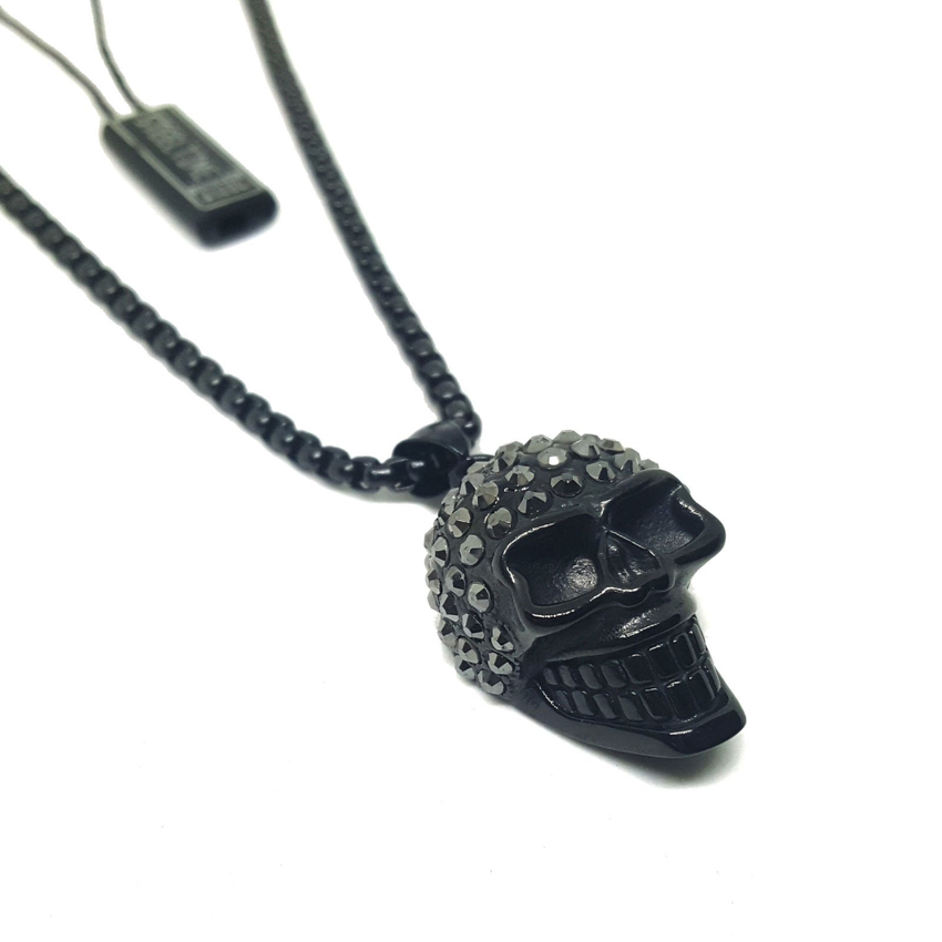(4-3233-h6) Black Coated Stainless Steel Skull Necklace for Men, 30".