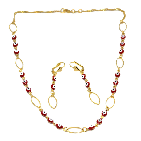 (1-6036-h8) Gold Overlay Red Evil Eye Necklace and Earrings Set.