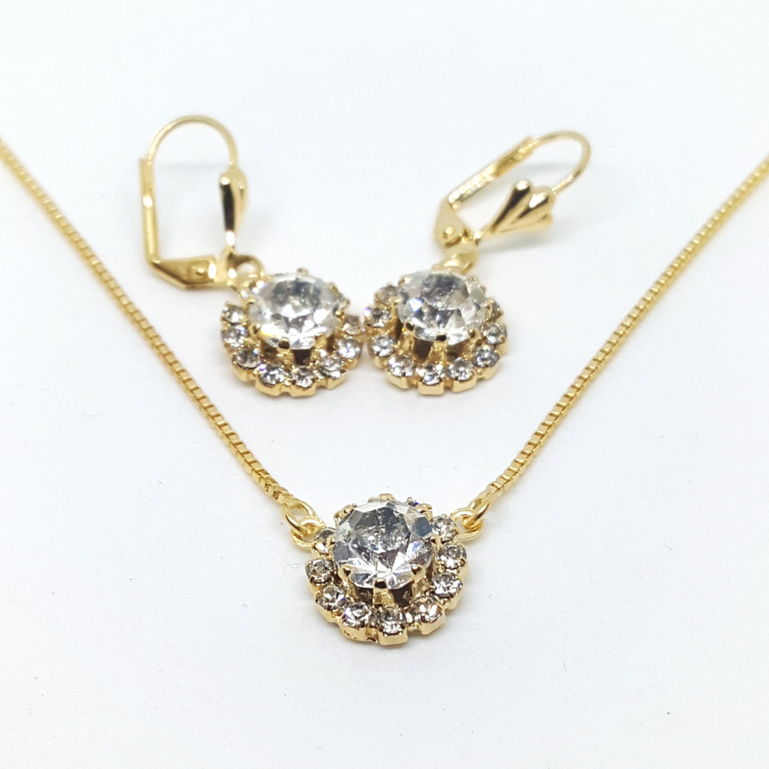 1-6327-h1 Gold Overlay Flower Crystal Earring and Necklace Set. (4 Colors Available)