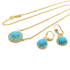 (1-6378-h5) Gold Overlay Turquoise Blue Flower Set.