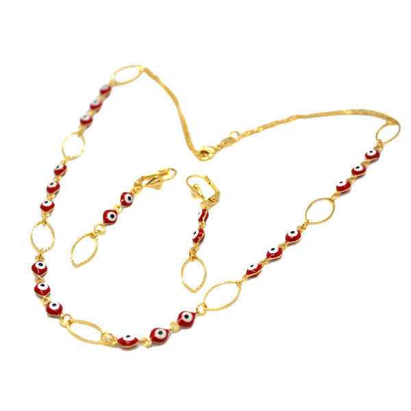 (1-6036-h8) Gold Overlay Red Evil Eye Necklace and Earrings Set.