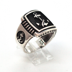 (2-5274-h9) Sterling Silver Men's Anchor Ring with Black Accent.