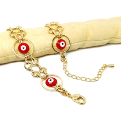 (1-0446-h5) Gold Plated Red Evil Eye Bracelet, 7"-9".