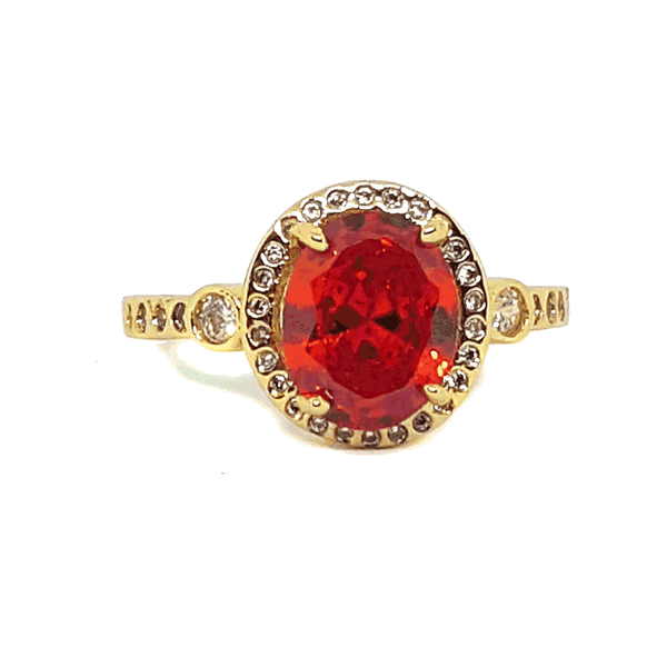 (mrin-615-h6-1) 18kt Gold Overlay Red Orange CZ Ring.
