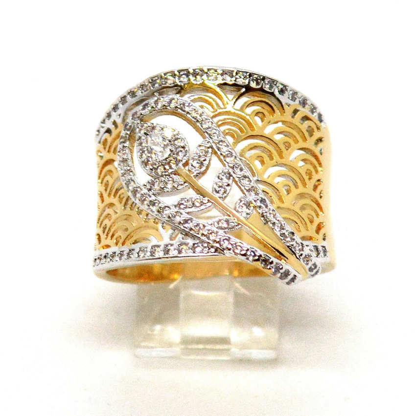 (1-3133-h9) Gold Overlay Two Tone Micro Pave Floral Design Ring.