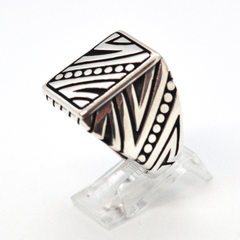 (2-5279-h9-1) Sterling Silver Men's Squared Artistic Design Ring with Black Accent.