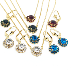 1-6327-h1 Gold Overlay Flower Crystal Earring and Necklace Set. (4 Colors Available)