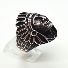 (2-5279-h9-2) Sterling Silver Men's Indian Head Ring with Black Accent.