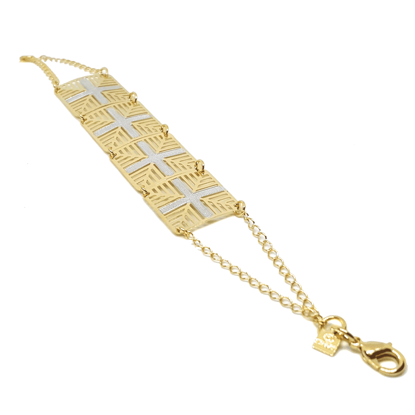 (mbra-627-h6-1) Gold Overlay Two Tone Shield Link Bracelet.