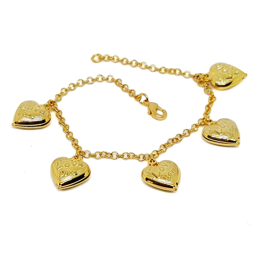 (1-0769-h5) Gold Plated Heart Charms Bracelet, 7-1/2".