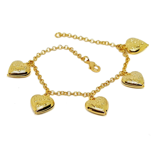 (1-0769-h5) Gold Plated Heart Charms Bracelet, 7-1/2".