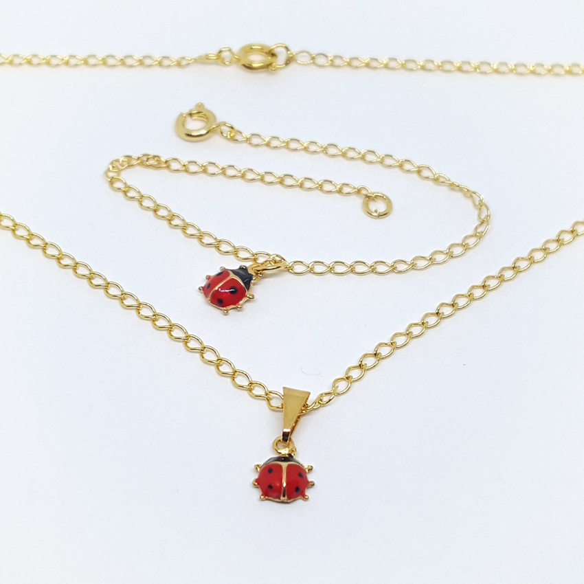 1-6004-h2 Girls Gold Plated Lady Bug Necklace and Bracelet Set.