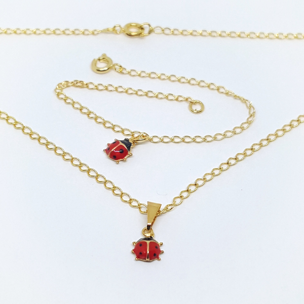 1-6004-h2 Girls Gold Plated Lady Bug Necklace and Bracelet Set.