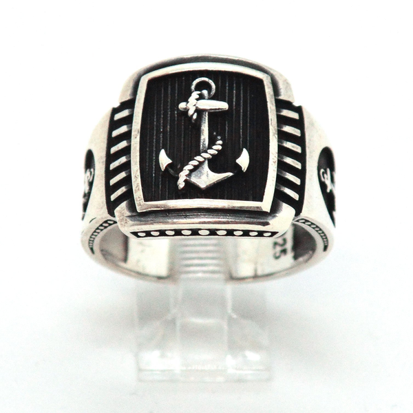 (2-5274-h9) Sterling Silver Men's Anchor Ring with Black Accent.