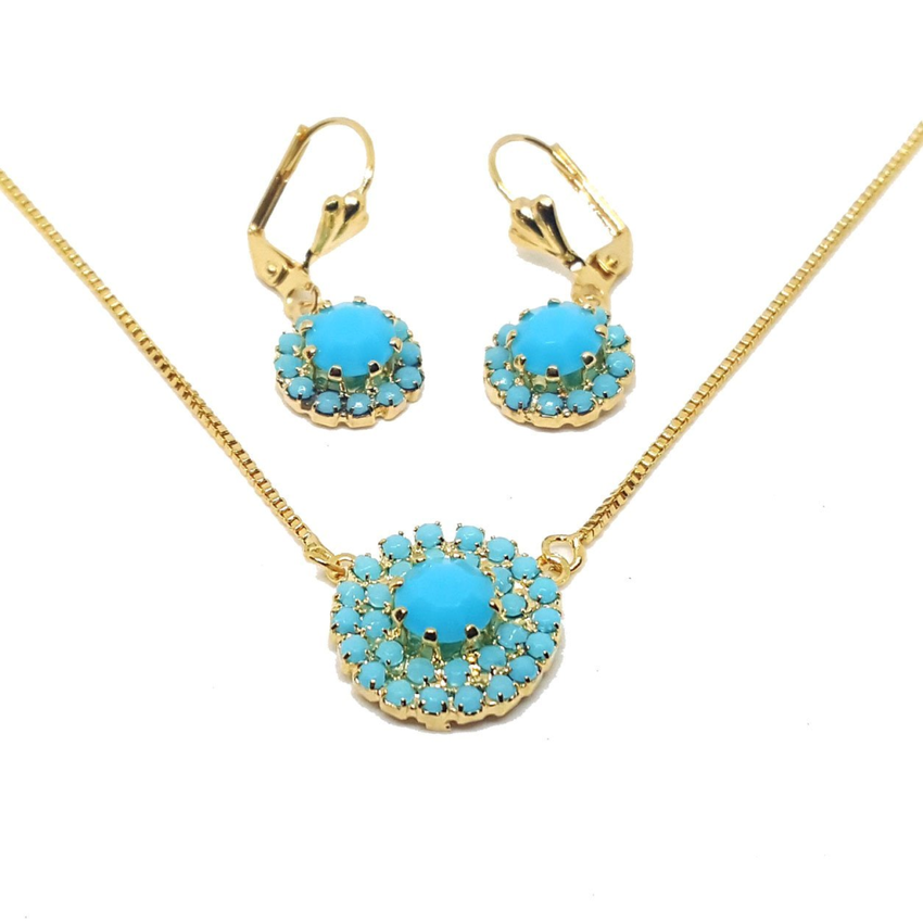 (1-6378-h5) Gold Overlay Turquoise Blue Flower Set.