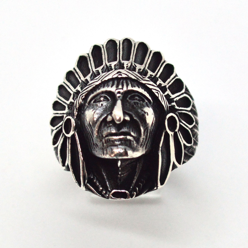 (2-5279-h9-2) Sterling Silver Men's Indian Head Ring with Black Accent.