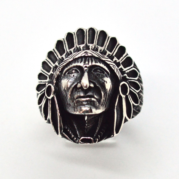 (2-5279-h9-2) Sterling Silver Men's Indian Head Ring with Black Accent.