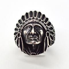 (2-5279-h9-2) Sterling Silver Men's Indian Head Ring with Black Accent.