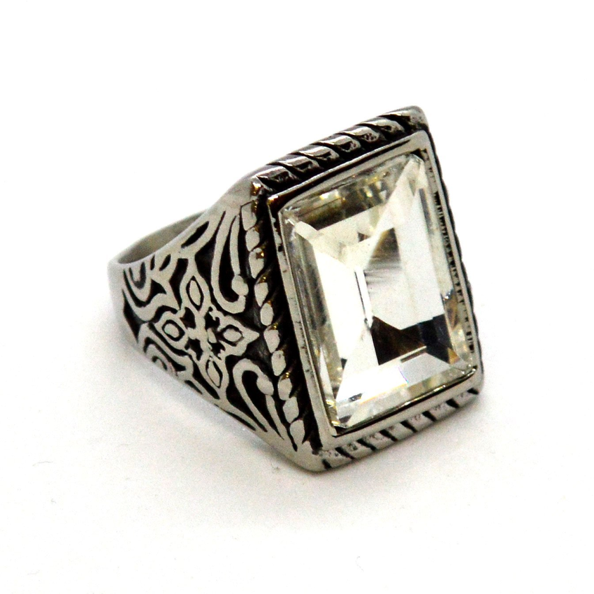 (4-0024-h9) Stainless Steel Large Crystal Ring for Men.