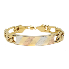 (1-0917-h5) Gold Plated Figaro Bracelet with Three Tone ID Plate, 7-1/2".