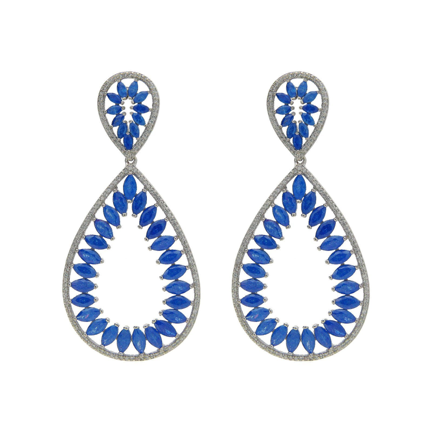 Fronay Co .925 Sterling Silver Marquis Blue Glass and Cz Statement Earrings