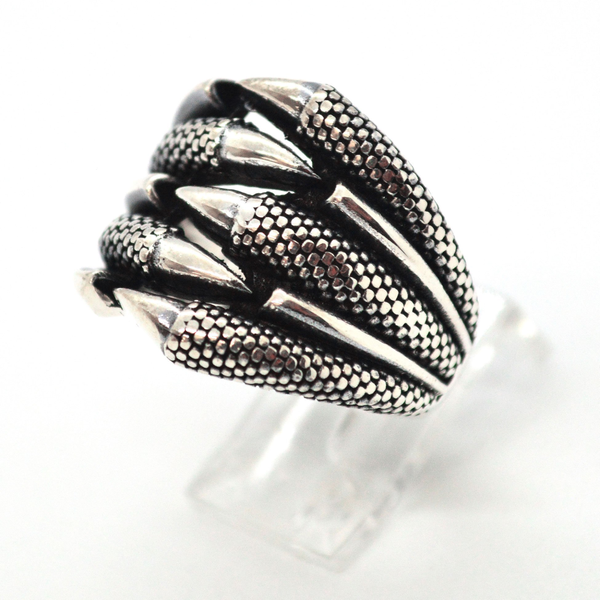 (2-5279-h9-2) Sterling Silver Men's Dragon Claws Ring with Black Accent.