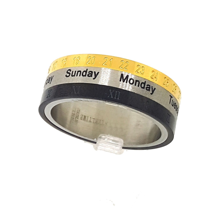 (mrin-504-h5-5) Stainless Steel Three Tone Calander Ring for Men.