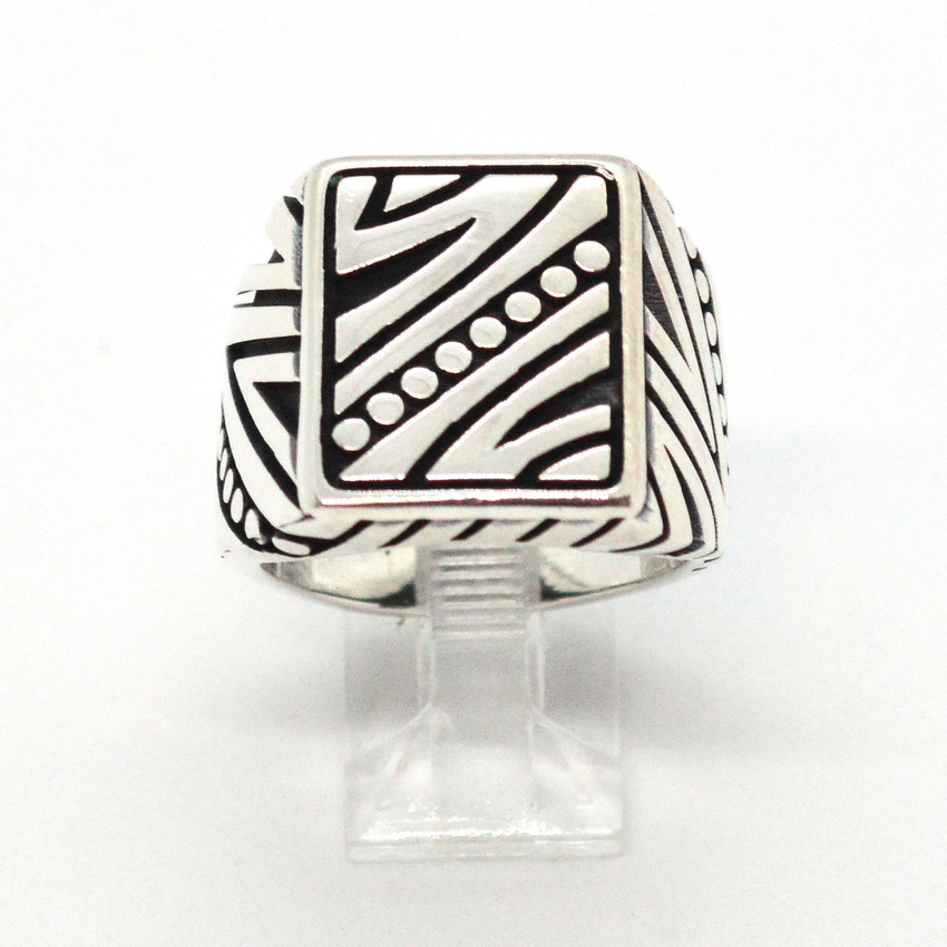 (2-5279-h9-1) Sterling Silver Men's Squared Artistic Design Ring with Black Accent.