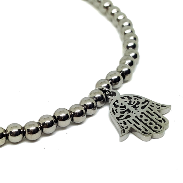 (mbra-604-h6-4) Stainless Steel Bead Bracelet with Hamsa Hand.